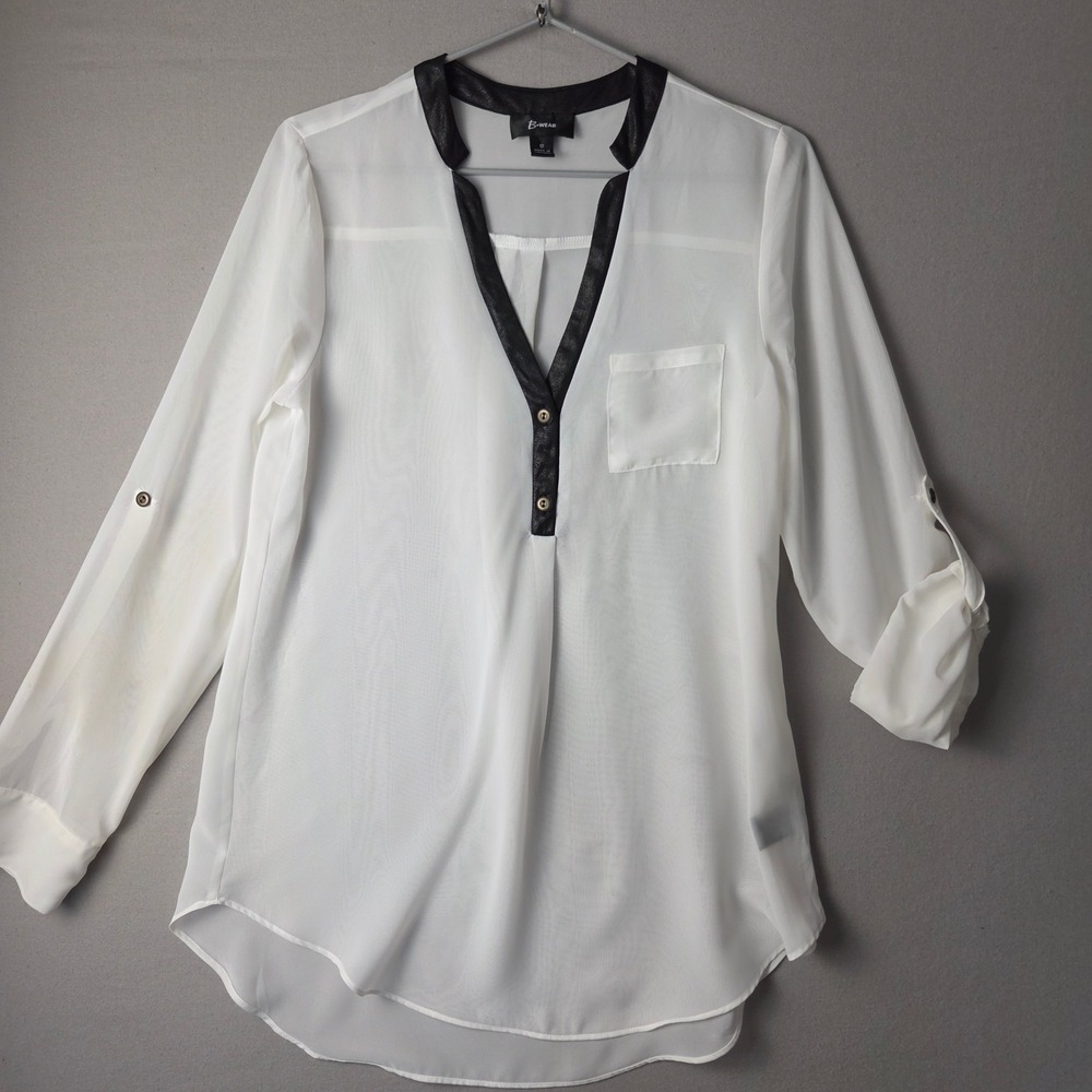 B-Wear Womens Small White Henley Blouse Black Faux Leather Trim Roll Tab Sleeve